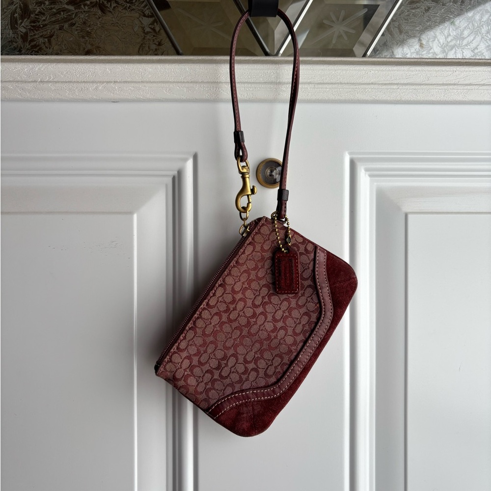 Burgundy Coach Signature Canvas and Suede wristlet - Picture 2 of 7